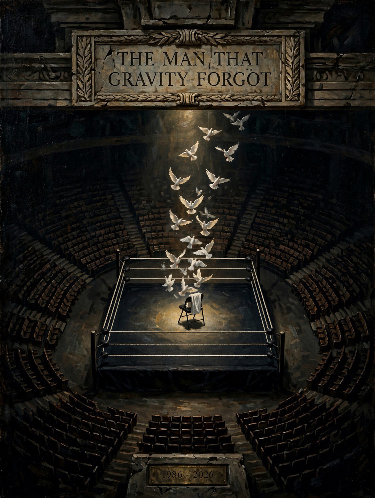 An empty ring, a chair with a white towel, and doves rising through a dark arena. The stone reads The Man That Gravity Forgot, 1986–2026.